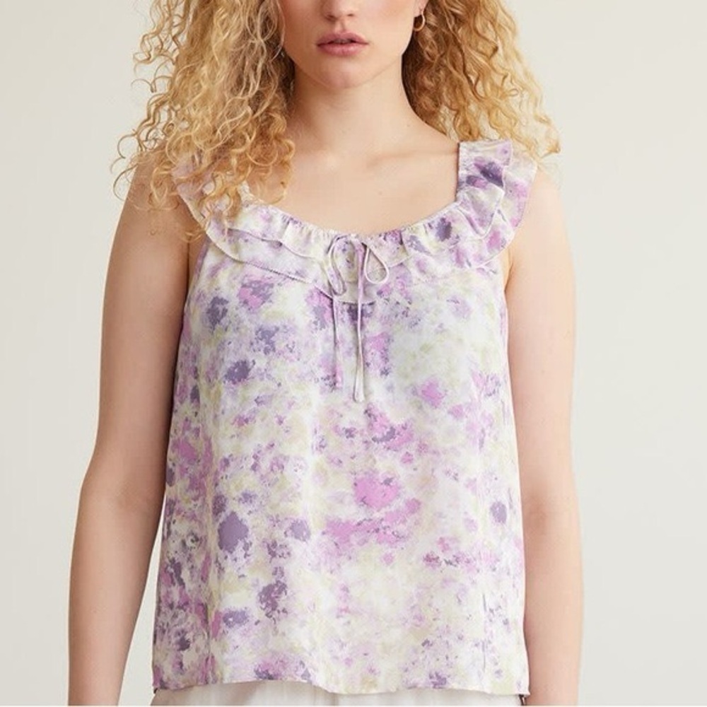 NWT Sleeveless Scoop Neck Blouse w Ruffled Details Size Large Purple Green